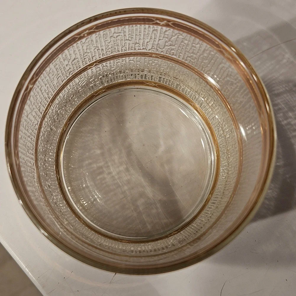 Vintage MCM Gold Banded Bark Textured Whiskey Lowball Glasses Set‎ of 2 Rocks